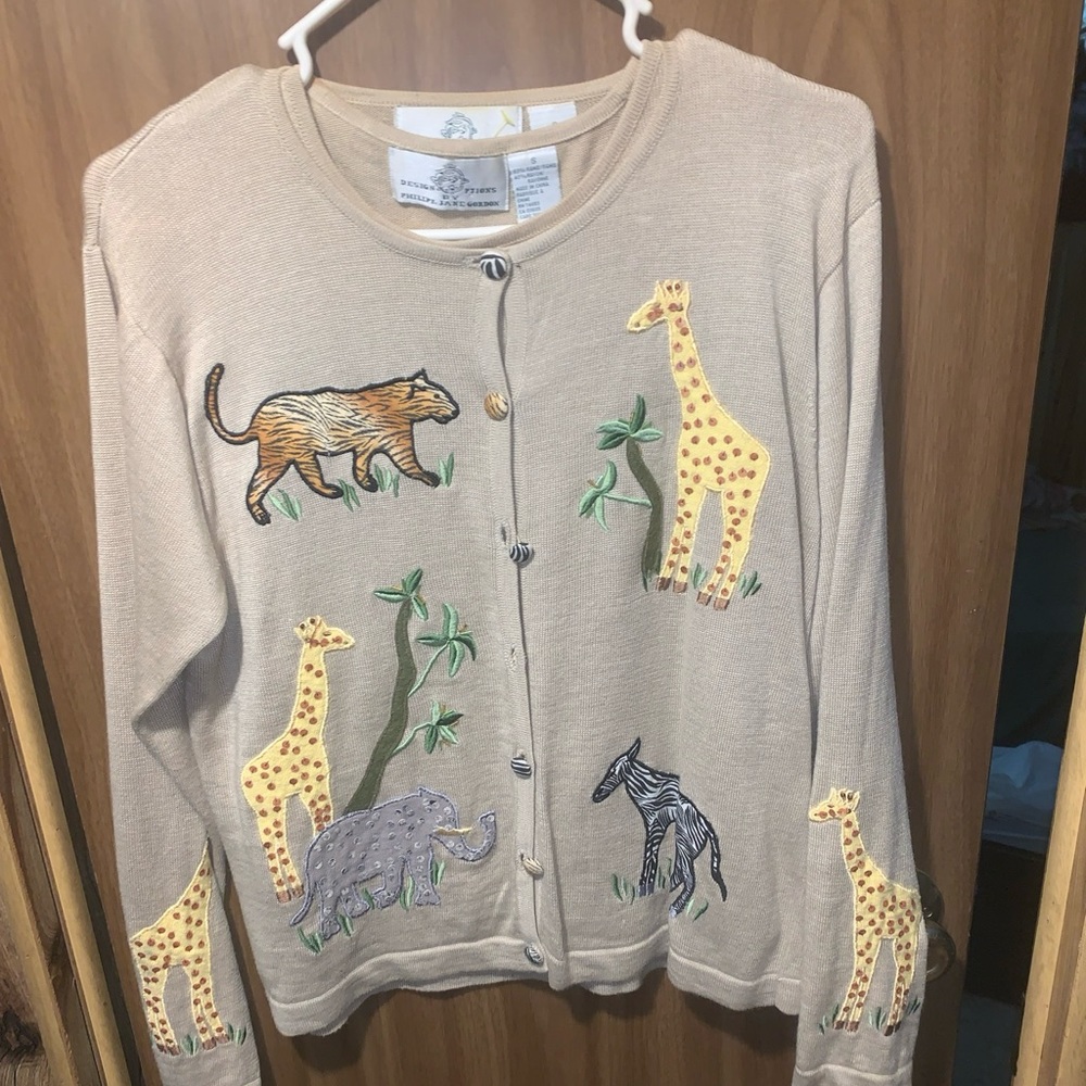 Design Options by PHILIP JANE GORDON Giraffes/animals Cardigan Sweater S Ramie